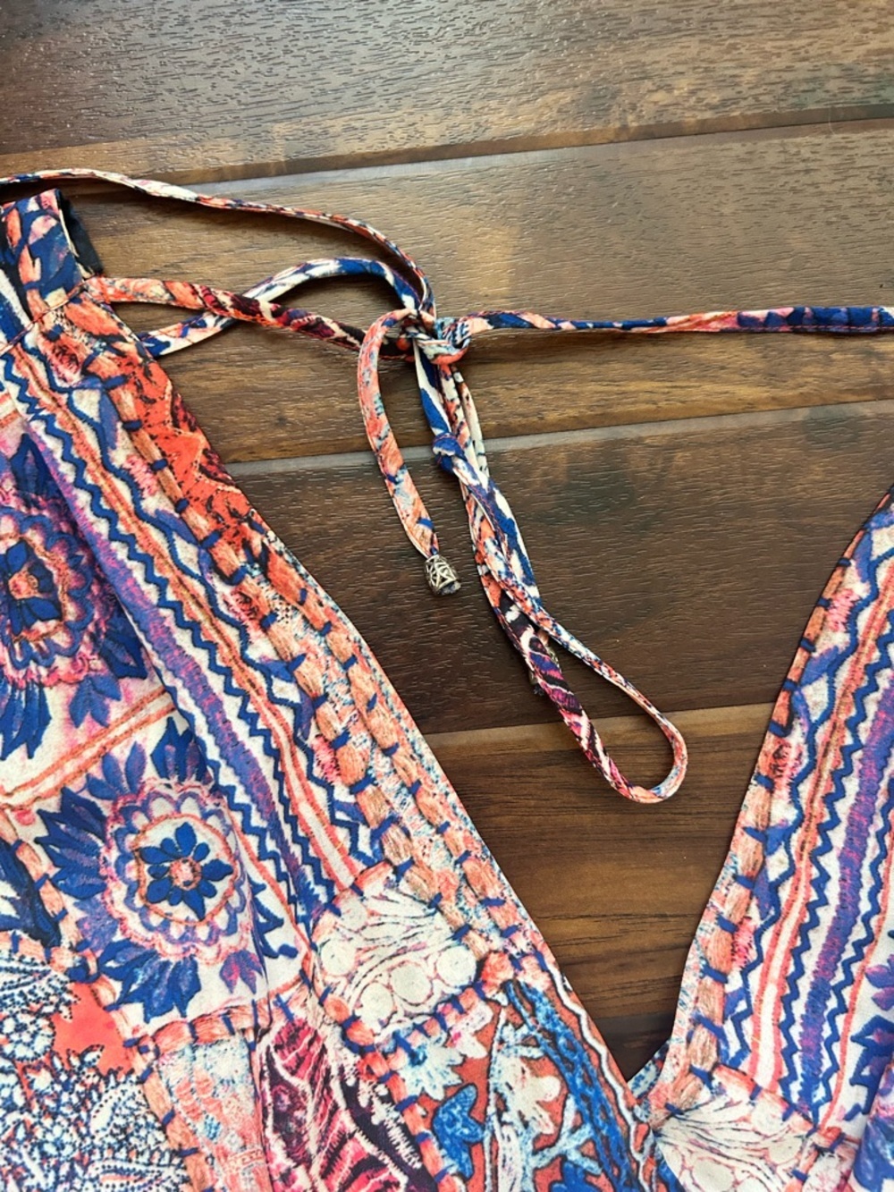 Heartloom Coral & Blue Printed Sleeveless V-Neck Romper with Back Tie - Picture 11 of 16
